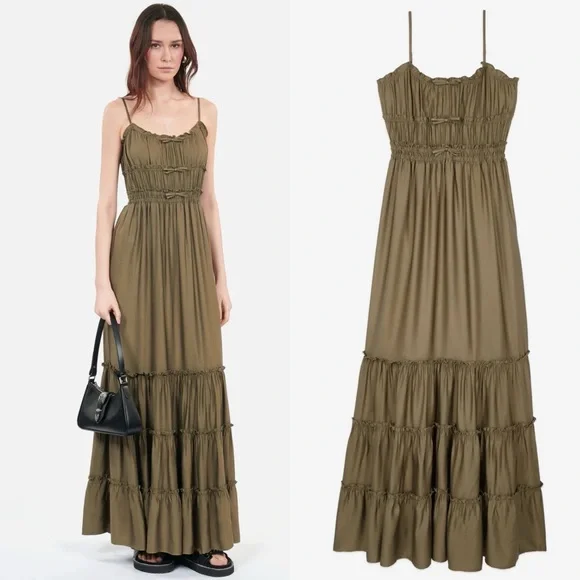 The Kooples Long Green Kaki Maxi Dress w Bows - Kooples Size Size 1 - US Small - Picture 2 of 6